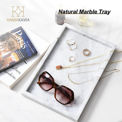 Large Bathroom Vanity Tray, Real Natural Marble Sink Tray 12 inch, Carrara White Stone Toilet Tank Trays, Modern Dresser Trays, Countertop Organizer for Kitchen Counter, Soap Dispenser