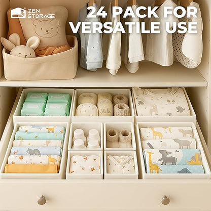 Sturdy Drawer Organizers (24-Pack) - Fabric Dresser Drawer Organizers & Dividers for Nursery Organization, Baby Organizers and Storage for Clothes, Socks & Underwear, White