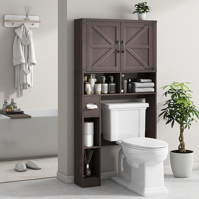 Vabches Over The Toilet Storage Cabinet, Farmhouse Storage Cabinet Over Toilet with 2 Barn Doors && Toilet Paper Holder Stand，Home Space-Saving Toilet Rack, for Laundry, Restroom, Bathroom.(Espresso)