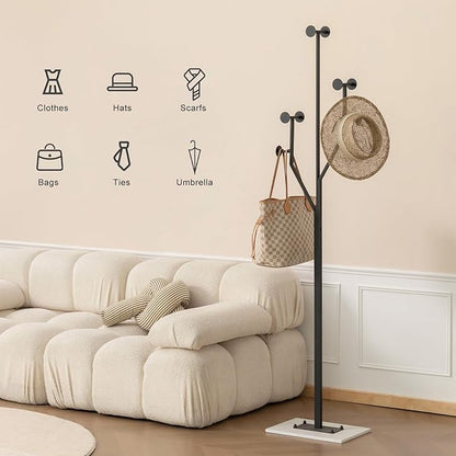 Heavy Duty Coat Rack Tree-shaped Metal Freestanding Coat Tree with Sturdy Marble Base Corner Coat Rack for Bedroom Entryway Hallway 14.96 x 10.24 x 68.9 Inches (Black)