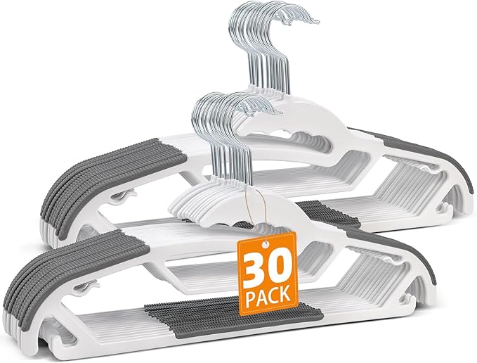 Sishynio Plastic Hangers 30 Pack, Non-Slip Slim Hangers with 360 Degree Rotating Hook, Space Saving Heavy Duty Clothes Hangers for Closet Wardrobe, Shirts, Pants, Coats(White)