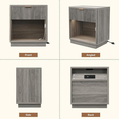 Miereirl Fluted Nightstand Charging Station, Wooden Vintage Night Stands Curved Corners Storage Cabinet for End Table with Drawers, Light Grey Oak