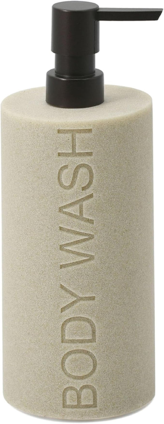 Indecor Home Resin Tan Sandstone Body Wash Engraved Bottle Refillable Pump Dispenser, Durable Waterproof Resin Construction for Bath, Shower - Tan Sandstone, ORB Pump