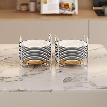 Adjustable Dish Rack for Kitchen Counter - Bamboo Plate Holder Organizer for Cabinet Wooden Bowl Organizer Stainless Steel Plate Stand Storage for Kitchen Drawer Countertop Cupboard Shelf RV