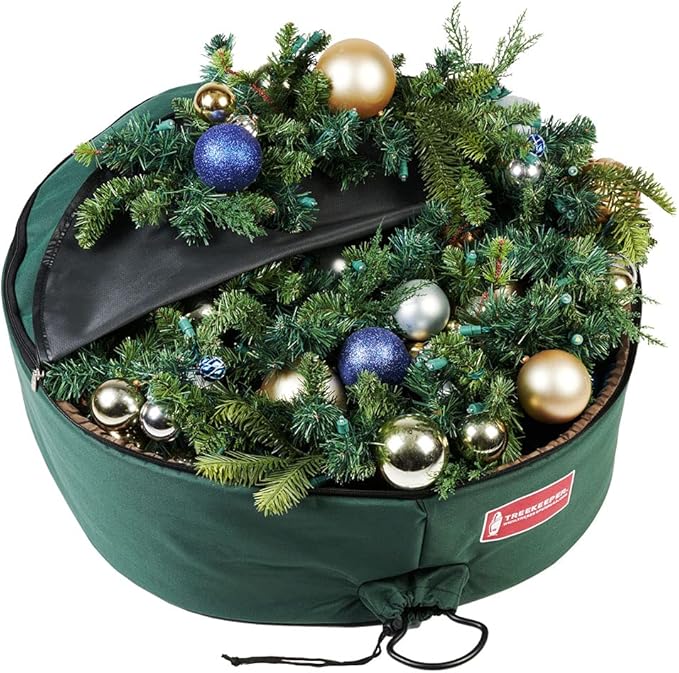 TreeKeeper 48-Inch Wreath Storage Container - Polyester, Green, Direct Suspend System, Zipper Closure, Fits Up to 48 Inch Wreaths