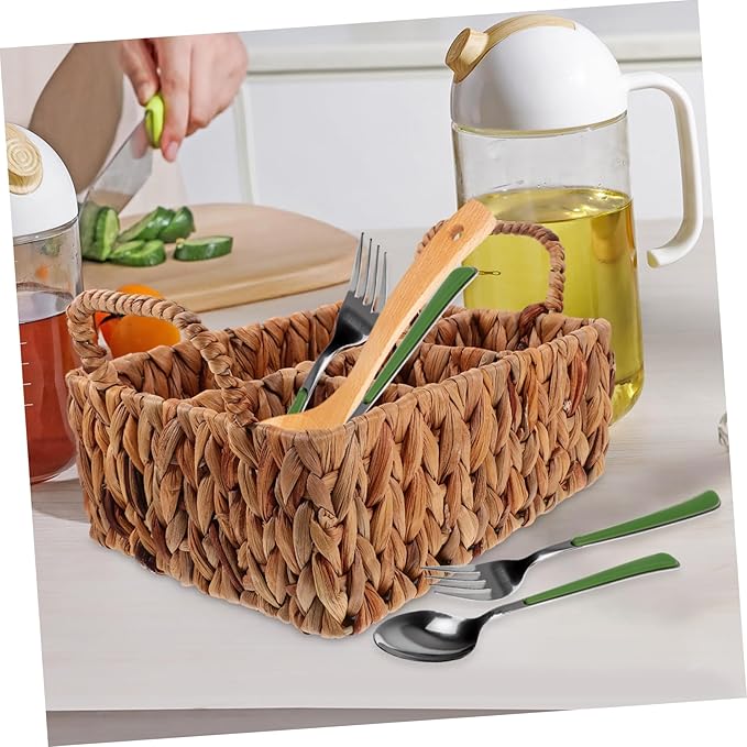 Storage Basket Lid Cutlery Organizer Hyacinth Woven Silverware Organizer Snack Basket