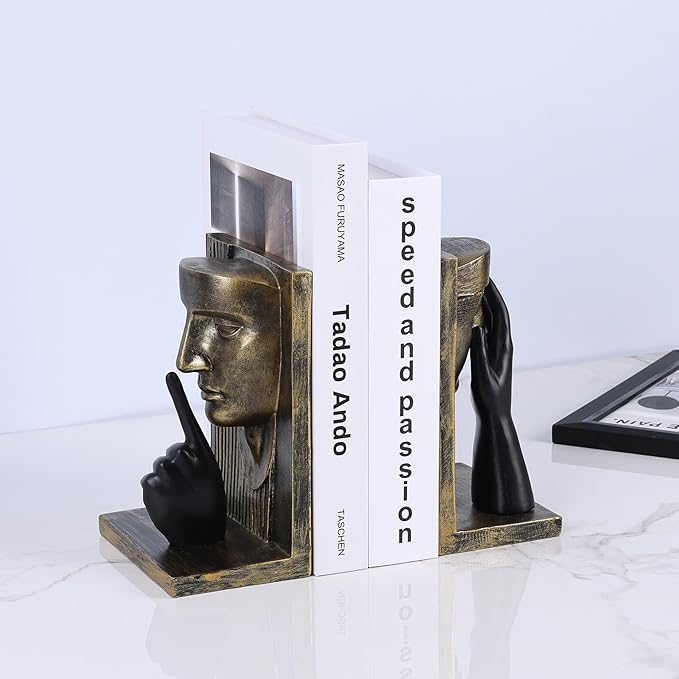 Decorative Bookends Set – Vintage Gold Face Sculptures & Modern Black & White – Resin Book Ends for Shelves, Heavy Book Stoppers, Brass-Look Bookends, Decorative for Home Office (Vintage)