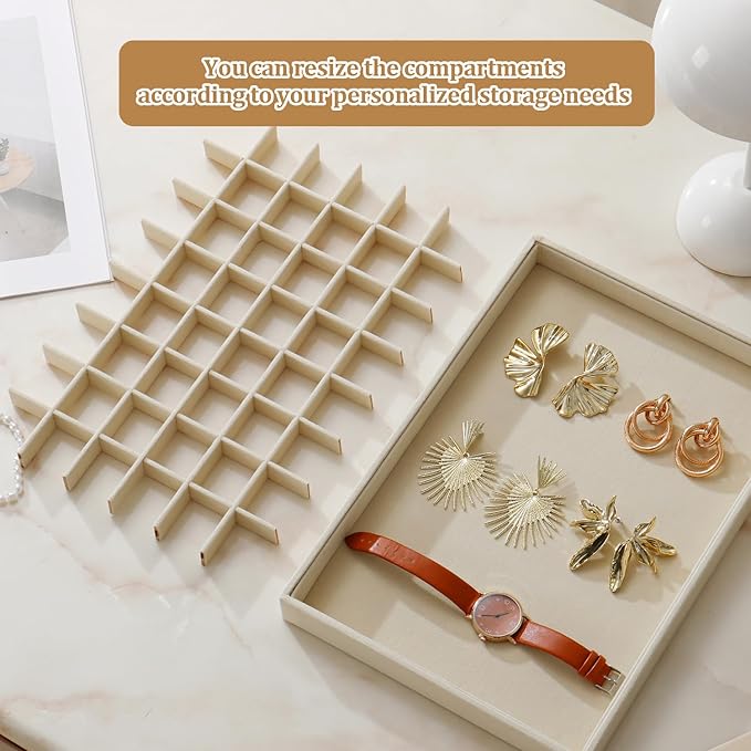KATISYIO Large Jewelry Drawer Organizer Trays Set of 4, Stackable Velvet Jewelry Trays Organizer Holder Display Storage Showcase for Earring Necklace Bracelet Ring Accessary (Beige, 12+17+24+48 Grids)