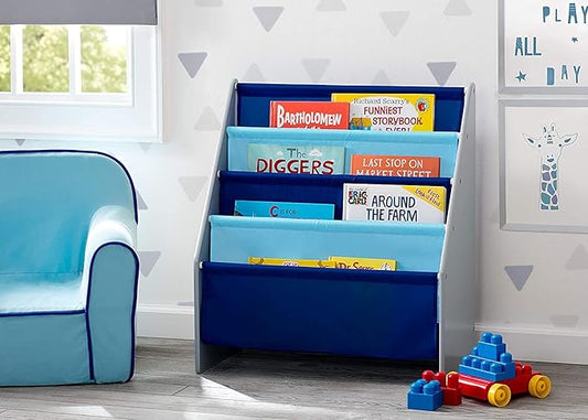 Delta Children Sling Book Rack Bookshelf for Kids - Easy-to-Reach Storage for Books, Magazines or Coloring Books - Ideal for Playrooms & Homeschooling, Grey/Blue
