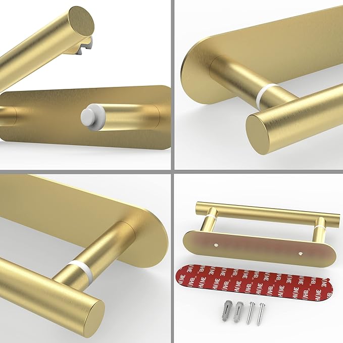RUACQ Toilet Paper Holder, Self-Adhesive or Wall Mount, SUS304 Stainless Steel Rustproof Stick on Toilet Paper Roll Holder, No Drilling Bathroom Tissue Holder, Modern Pivoting Design (Brushed Gold)