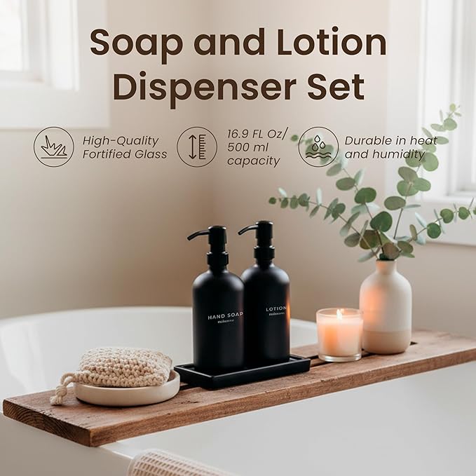 Maisonovo Kitchen Soap Dispenser Set | Hand and Dish Soap Dispenser Set with Handmade Ceramic Vanity Tray and 16 Waterproof Labels | Black Glass Bottles & Black Pumps