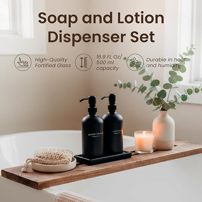 Maisonovo Kitchen Soap Dispenser Set | Hand and Dish Soap Dispenser Set with Handmade Ceramic Vanity Tray and 16 Waterproof Labels | Black Glass Bottles & Black Pumps