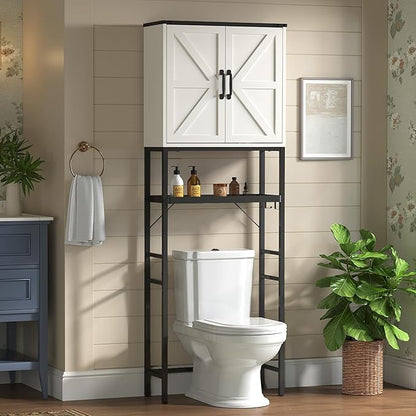 Timboniture Over The Toilet Storage Cabinet, Bathroom Above Toilet Cabinet Organizer with Doors and Adjustable Shelves, Bathroom Shelf Organizer with Anti-Tip Device & Drain Rack, White