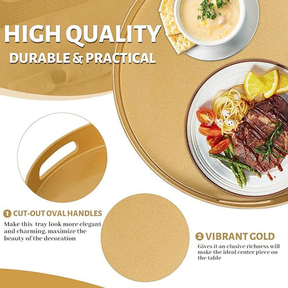 MAONAME 13" Gold Round Decorative Tray for Coffee Table, Modern Serving Tray with Handles, Plastic Ottoman Trays, Bathroom Decor