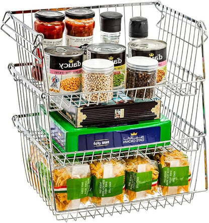 SANNO Stacking Baskets Bin Baskets Wire Storage Baskets Organization Farmhouse Scoop Baksket for Pantry, Kitchen, Closets, Bathroom, Cabinets, Kitchen, Set of 3