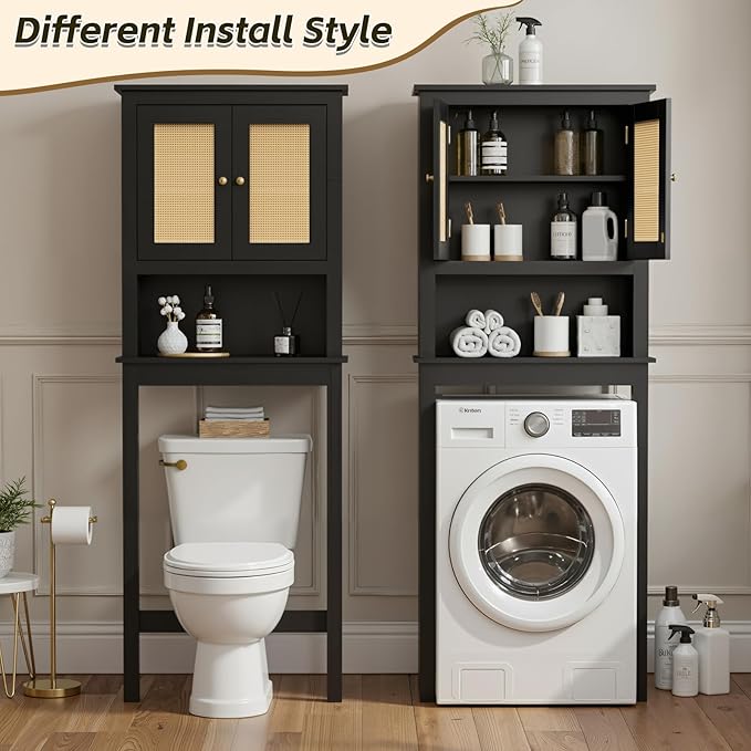 GORZING Over The Toilet Storage Cabinet, Behind Toilet Bathroom Organizer with Adjustable Shelves, Above Toilet Organizers with Barn Door, Space Saver for Restroom, Bathroom, Laundry