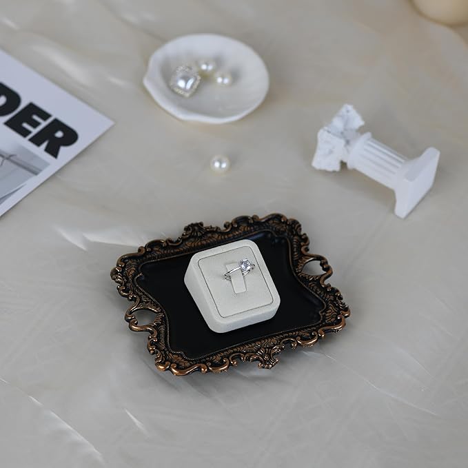 Funly mee Antique Trinket Dish Vintage Jewelry Tray, Ring Holder (Black & Gold, S)