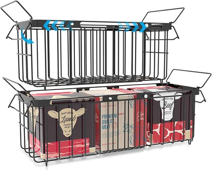 Freezer Organizer Bins, 2 Pack Expandable Stackable Hangable Chest Freezer Containers with Handles, Adjustable From 10.3" to 14.2" Storage Baskets for Fridge, Deep Freezer, Cabinet, Pantry, Kitchen