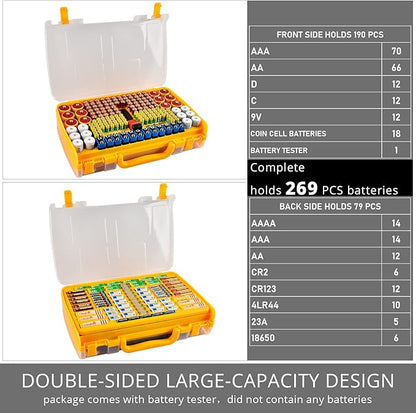 Battery Organizer Storage Holder Box Case with Tester- 269 Batteries Double-Sided Variety Pack, Holds AA AAA 4A C D Cell 9V 3V Lithium LR44 CR2 CR123 CR1632 18650 Button- Yellow (Box Only)