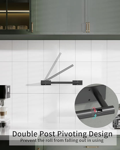 Paper Towel Holder Under Cabinet, Self Adhesive or Wall Mounted SUS304 Stainless Steel Paper Towel Holder for Kitchen, Bathroom(2 Towel Hooks, Matte Black)