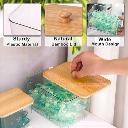 4 Pack Laundry Pods Container, Clear Laundry Room Organization Storage Containers with Wooden Lids & Scoops, Large Laundry Detergent Powder Containers for Powder Dryer Balls