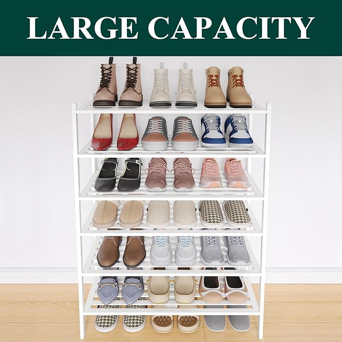 Smiry Bamboo Shoe Rack 6-Tier, Stackable Wooden Shoe Organizer for Entryway & Closet, Free Standing Wood Shoe Storage Shelf for Front Door & Small Spaces, White