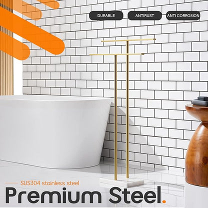 Standing Towel Rack for Bathroom 2-Tier Towel Holder Free Stand with Heavy Marble Base Gold Thicken Steady Design Stainless Steel AN7001GD