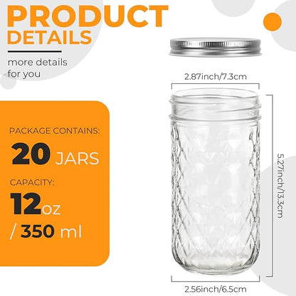 Eathtek 12 oz Mason Jars 20 Pack, 360ml Mini Canning Jars with Regular Lids for Jelly Herbs Spice Honey Storage, Small Glass Jars Candle jars, Extra Lids Tags Label Included