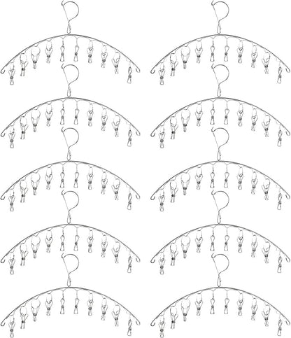 Suwimut 10 Pack Laundry Drying Rack Clothes Hanger with 10 Clips, Stainless Steel Clothes Drying Rack Sock Hangers Windproof Clip and Drip Hanger for Drying Socks, Bras, Towel, Underwear, Diapers
