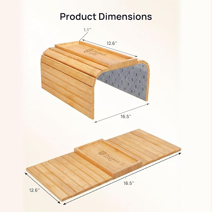 Bamboo Sofa Arm Tray – Flexible Couch Armrest Table with Non-Slip Drink Holder, Fits Straight Arm Sofas, No Assembly Required