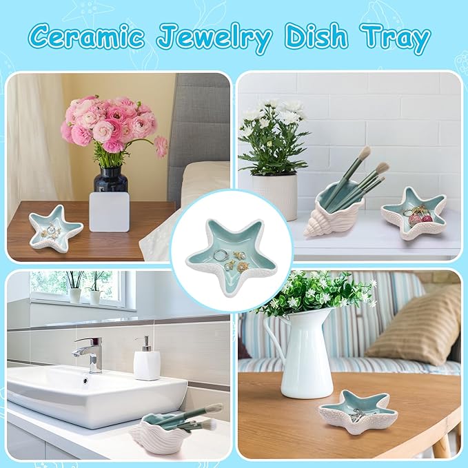 Jewelry Dish Tray For Coastal Beach Room Decor,Cute Ceramic Ring Holder Gift For Women Sister Mom Friend ,Decorative Trinket Jewelry Organizer Tray For Rings Earrings Necklaces ets (Blue starfish)
