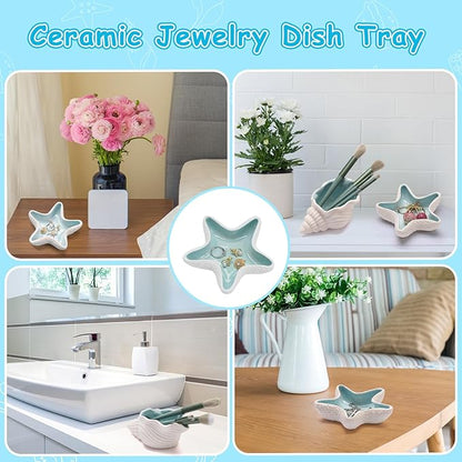 Jewelry Dish Tray For Coastal Beach Room Decor,Cute Ceramic Ring Holder Gift For Women Sister Mom Friend ,Decorative Trinket Jewelry Organizer Tray For Rings Earrings Necklaces ets (Blue starfish)