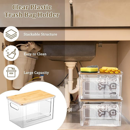 2 Pcs Stackable Storage Containers with Bamboo Top Handles Extra Large Garbage Bag Holder Dispenser Trash Bag Organizer Open Front Bin for Kitchen Laundry Room Pantry Organization(Stylish)