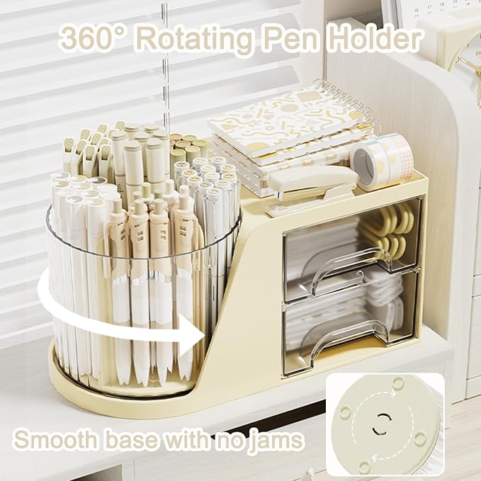 SAYEEC Rotating Desk Organizer with 2 Drawer, 6 Slots Multi-Functional Pencil Pen Holder, Desktop Makeup Organizer Stationery Accessories Storage Box Caddy for Office School Home Art Supplies (Beige)