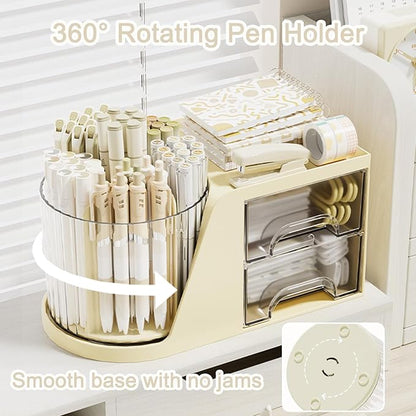 SAYEEC Rotating Desk Organizer with 2 Drawer, 6 Slots Multi-Functional Pencil Pen Holder, Desktop Makeup Organizer Stationery Accessories Storage Box Caddy for Office School Home Art Supplies (Beige)