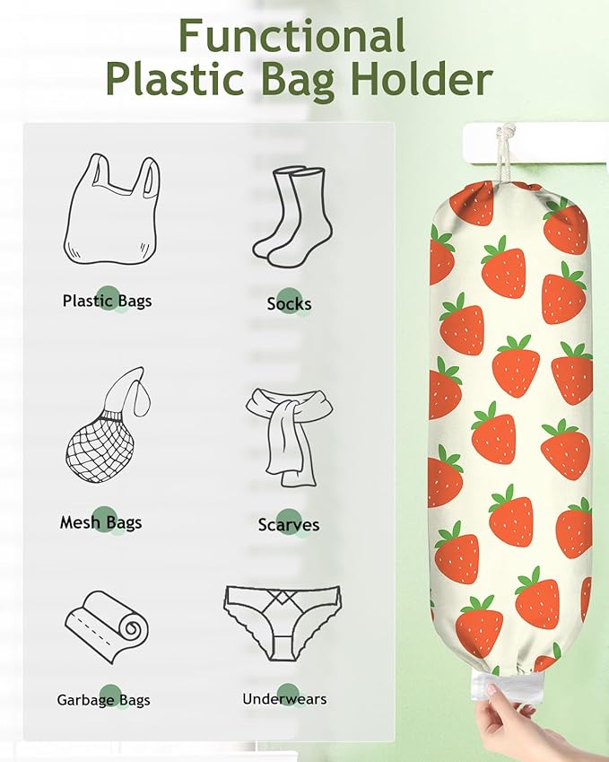 Plastic Bag Holder, Grocery Bag Organizer - 1 Pack Cute Kitchen Dispenser Holders Reusable Shopping Western Hanging Wall with Adjustment Drawstring Closure for Women Home, Strawberry