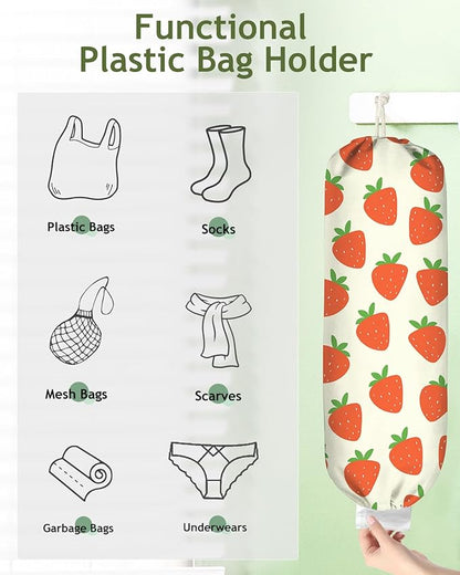Plastic Bag Holder, Grocery Bag Organizer - 1 Pack Cute Kitchen Dispenser Holders Reusable Shopping Western Hanging Wall with Adjustment Drawstring Closure for Women Home, Strawberry