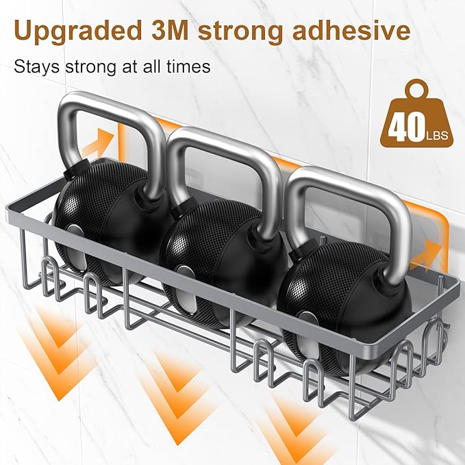 Getsrichfc 2025 New Adhesive Shower Caddy, Shower Shelves with 16 Hooks, Grey 2 Pack
