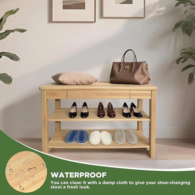 Shoe Storage Bench Wood Entryway: Shoe Rack Bench with Drawer 3-Tiers Height Adjustable,Rustic Wooden Organizer for Front Door Entrance Hallway Living Room,Mudrooms (Natural 2-Tiers, 31.5")
