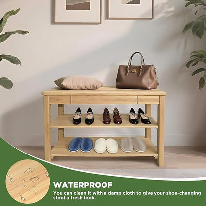 Shoe Storage Bench Wood Entryway: Shoe Rack Bench with Drawer 3-Tiers Height Adjustable,Rustic Wooden Organizer for Front Door Entrance Hallway Living Room,Mudrooms (Natural 2-Tiers, 31.5")