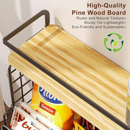 X-cosrack 3-Tier Stackable Snack Organizer with Pine Wood Top-Trapezoid Metal Wire Basket, Countertop & Wall Mounted Snack Holder for Kitchen Pantry Cabinet, Muti-functional Food Fruit Stoarge, Black