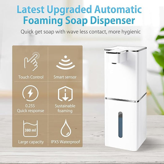 JEMISUN Automatic Foaming Soap Dispenser Touchless 380ml/12.8oz Rechargeable Hand Soap Dispenser Wall Mounted 4 Levels Adjustable Foam Soap Pump for Bathroom Kitchen Dish Soap
