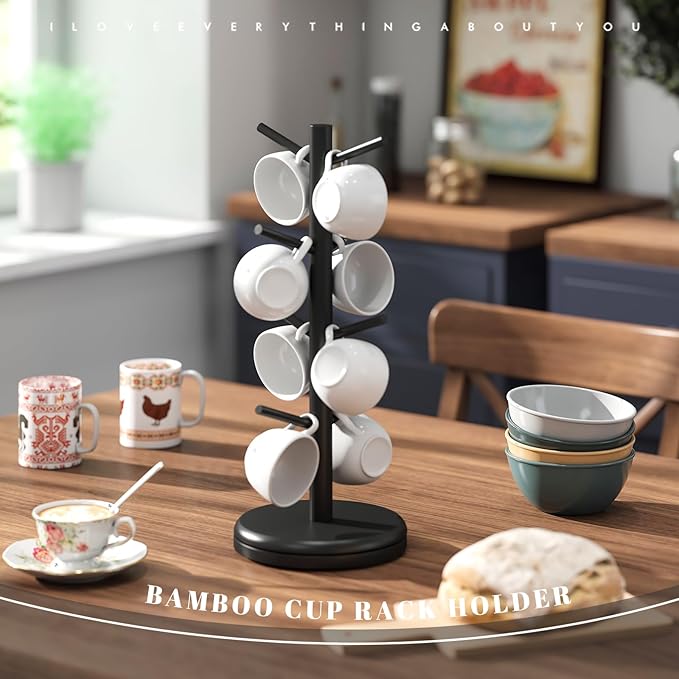 Mug Holder Tree 360° Rotated Mug Tree Coffee Cup Holder Bamboo Rack Stand 8 Hooks for Countertop Cup Rack Kitchen Coffee Bar Organizer Decorative Mug Racks (Black)