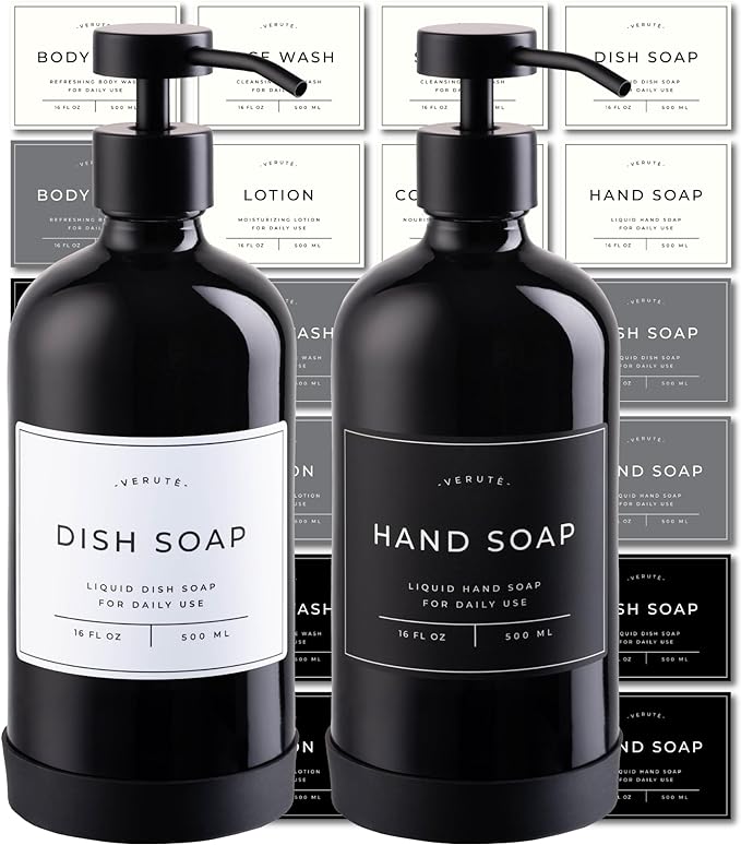 Hand and Dish Soap Dispenser for Kitchen and Bathroom, Set of 2 16 Oz Glass Bottles, Stainless Steel Pumps, Non-Slip Silicone Base, 27 Waterproof Labels (Gloss Black Bottle/Black Pump)