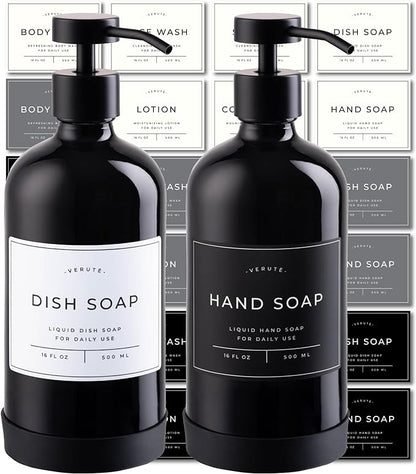 Hand and Dish Soap Dispenser for Kitchen and Bathroom, Set of 2 16 Oz Glass Bottles, Stainless Steel Pumps, Non-Slip Silicone Base, 27 Waterproof Labels (Gloss Black Bottle/Black Pump)