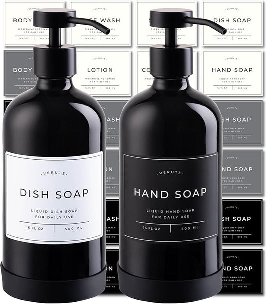 Hand and Dish Soap Dispenser for Kitchen and Bathroom, Set of 2 16 Oz Glass Bottles, Stainless Steel Pumps, Non-Slip Silicone Base, 27 Waterproof Labels (Gloss Black Bottle/Black Pump)
