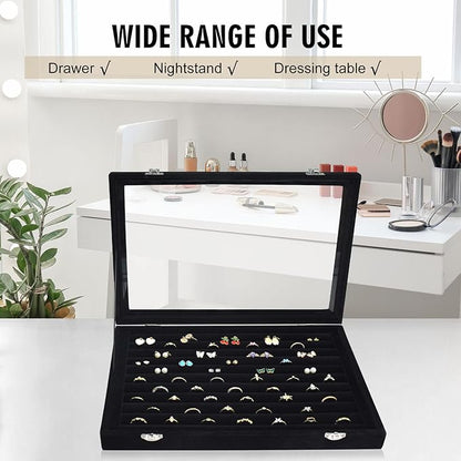 Rings Organizer Tray 10 Slots Velvet Ring Display Tray Insert Jewelry Earring Storage Box with Transparent Glass lid Can Hold 100 Rings Earrings Suitable for Girls and Women (Black)
