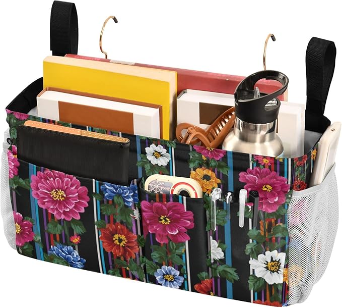 CuwrYet Bedside Caddy Hanging Bunk Bed Caddy Bed Organizer Hanging Pocket with 2 Hooks Bedside Storage Organizer Pocket Bag Holder Mexican Flowers Stripe