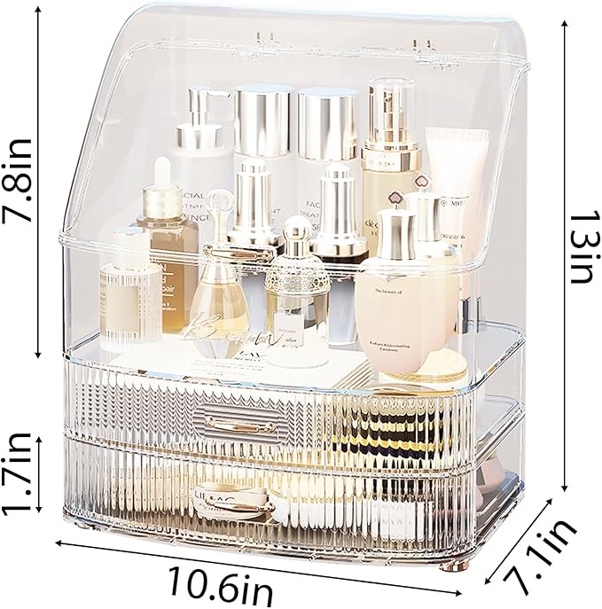 Plukers Makeup Organizer Countertop Vanity with Transparent Lid Drawers Waterproof Dustproof Cosmetic Skincare Bathroom Storage Gift for Women Teens Girls (Clear Whtie)