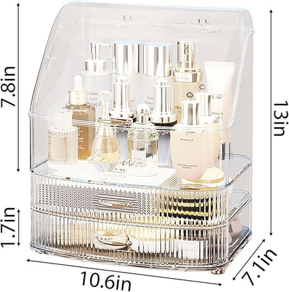 Plukers Makeup Organizer Countertop Vanity with Transparent Lid Drawers Waterproof Dustproof Cosmetic Skincare Bathroom Storage Gift for Women Teens Girls (Clear Whtie)